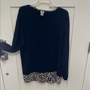 Chico's Black Long Sleeve Boxy Blouse with Leopard Accent
